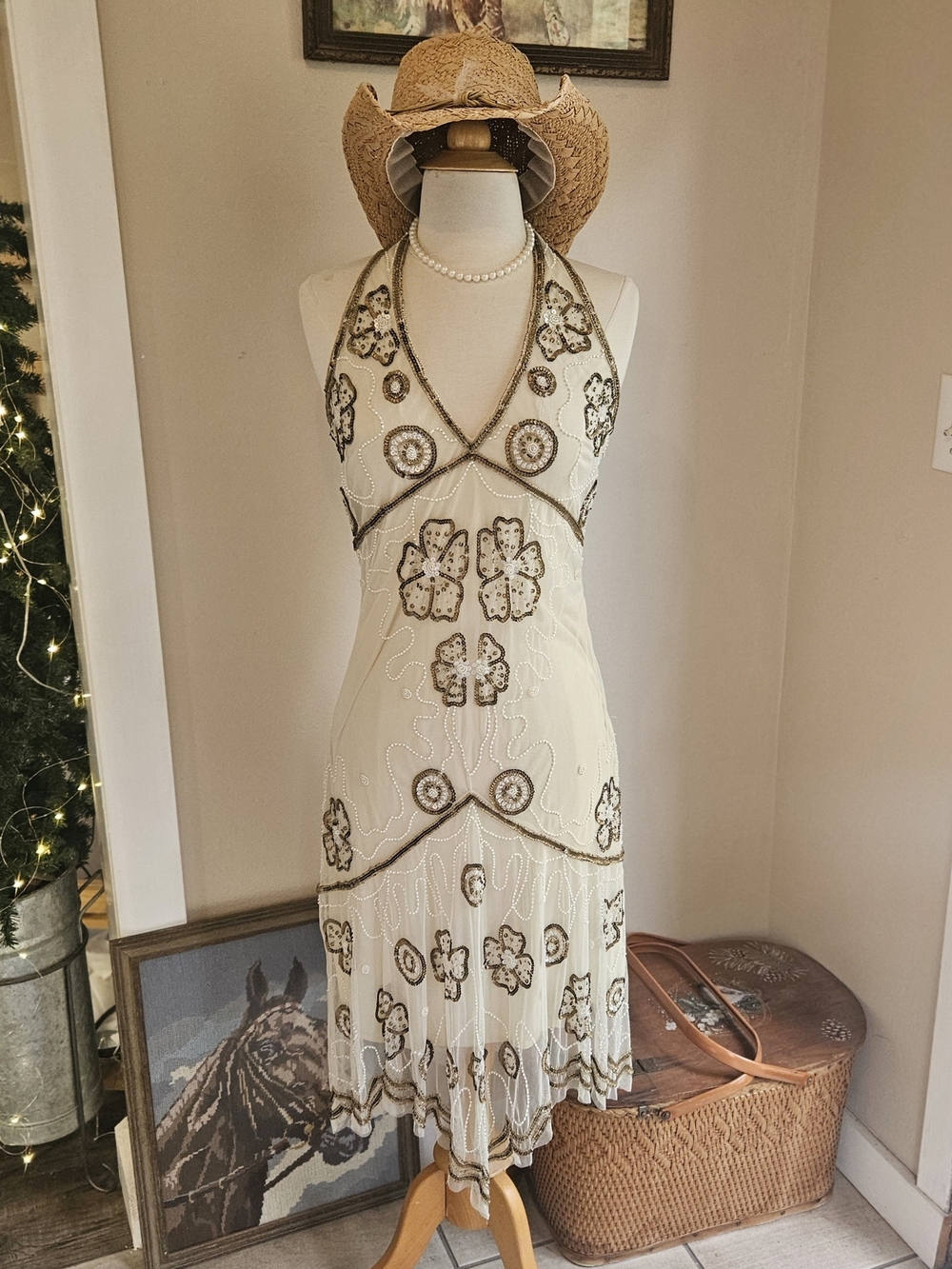 Ivory Beaded Halter Midi Dress with Floral Embroidery Y2k Fairy Dress